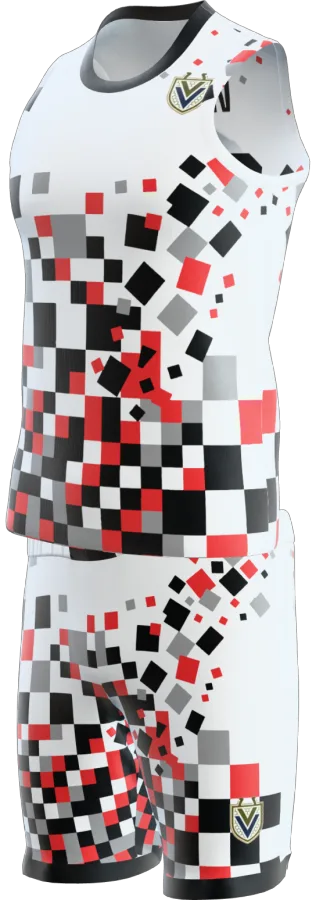 Chequer design as a basketball game kit: singlet, shorts