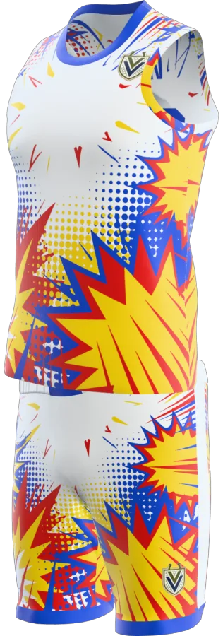 Pop Art design as a basketball game kit: singlet, shorts