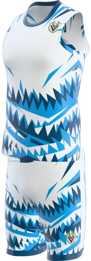 Shark Bite design as a basketball game kit: singlet, shorts