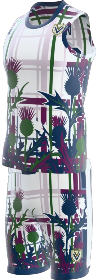 Thistle Tartan design as a basketball game kit: singlet, shorts
