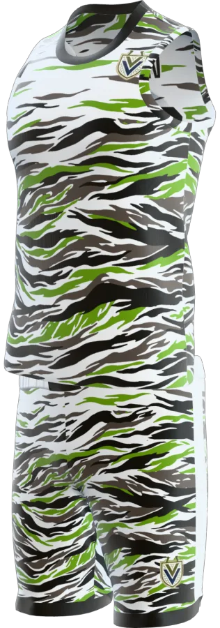Tiger Camo design as a basketball game kit: singlet, shorts