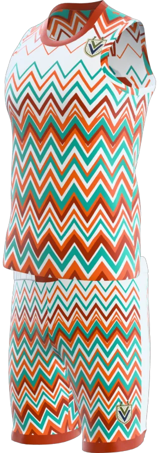 Zigzag design as a basketball game kit: singlet, shorts