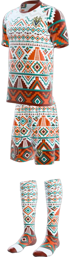 Aztec design as a soccer game kit: jersey, shorts, socks