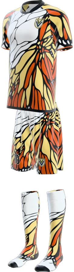 Monarch design as a soccer game kit: jersey, shorts, socks