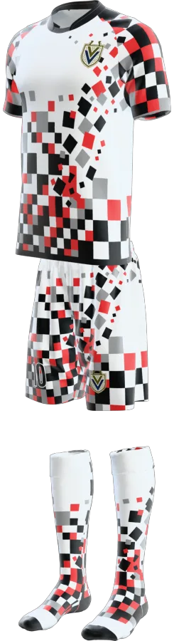 Chequer design as a soccer game kit: jersey, shorts, socks