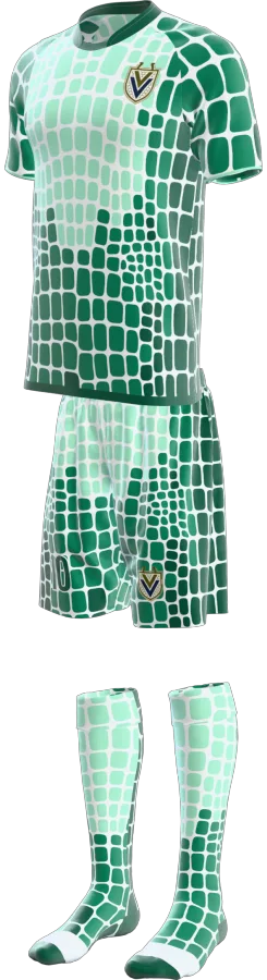 Croc design as a soccer game kit: jersey, shorts, socks