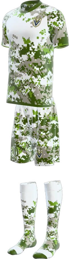 Digital Camo design as a soccer game kit: jersey, shorts, socks