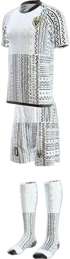 Mudcloth design as a soccer game kit: jersey, shorts, socks