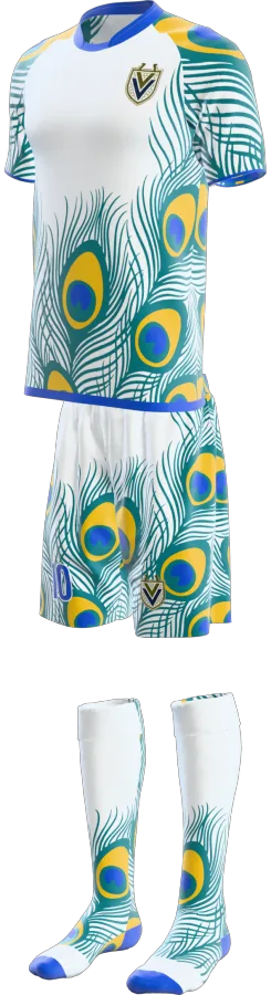 Peacock design as a soccer game kit: jersey, shorts, socks