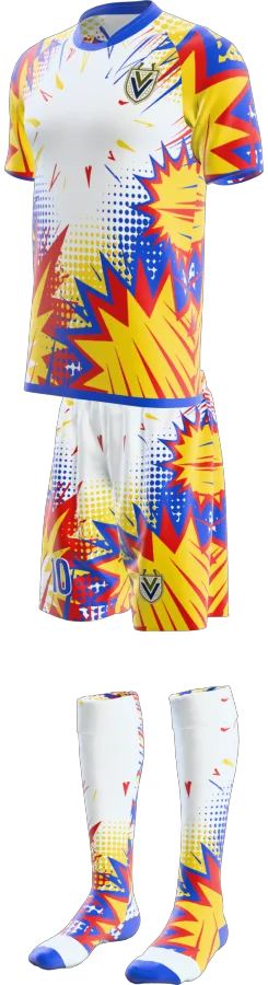 Pop Art design as a soccer game kit: jersey, shorts, socks