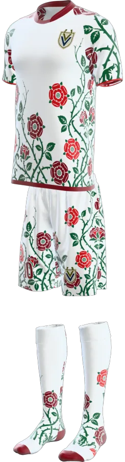 English Rose design as a soccer game kit: jersey, shorts, socks