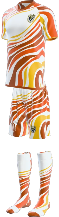 Seventies design as a soccer game kit: jersey, shorts, socks