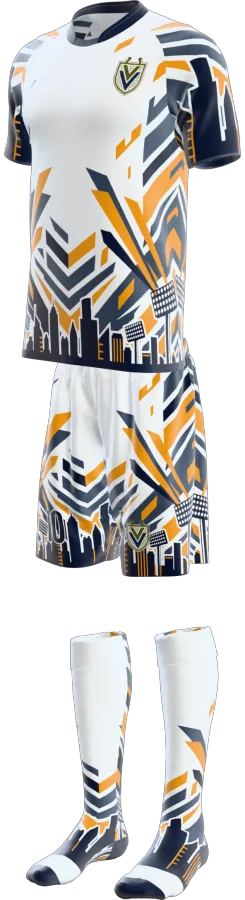 Skyline design as a soccer game kit: jersey, shorts, socks