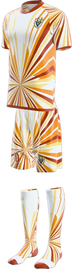 Sunrise design as a soccer game kit: jersey, shorts, socks