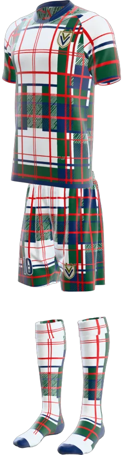 Tartan design as a soccer game kit: jersey, shorts, socks
