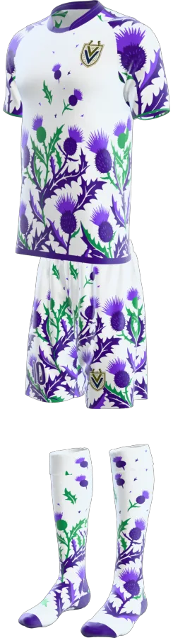 Thistle design as a soccer game kit: jersey, shorts, socks
