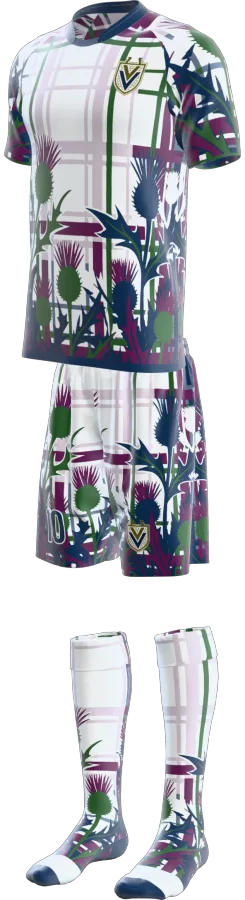 Thistle Tartan design as a soccer game kit: jersey, shorts, socks