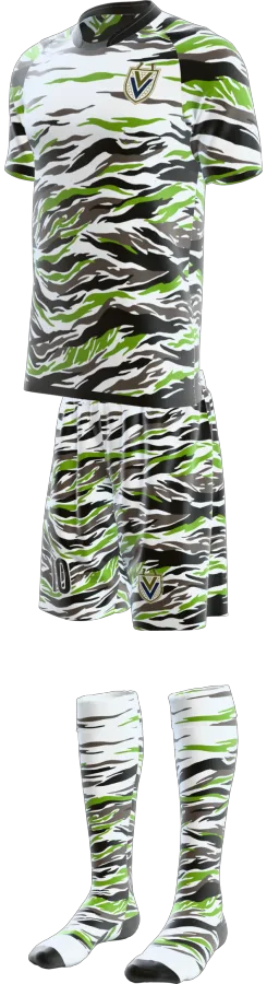 Tiger Camo design as a soccer game kit: jersey, shorts, socks